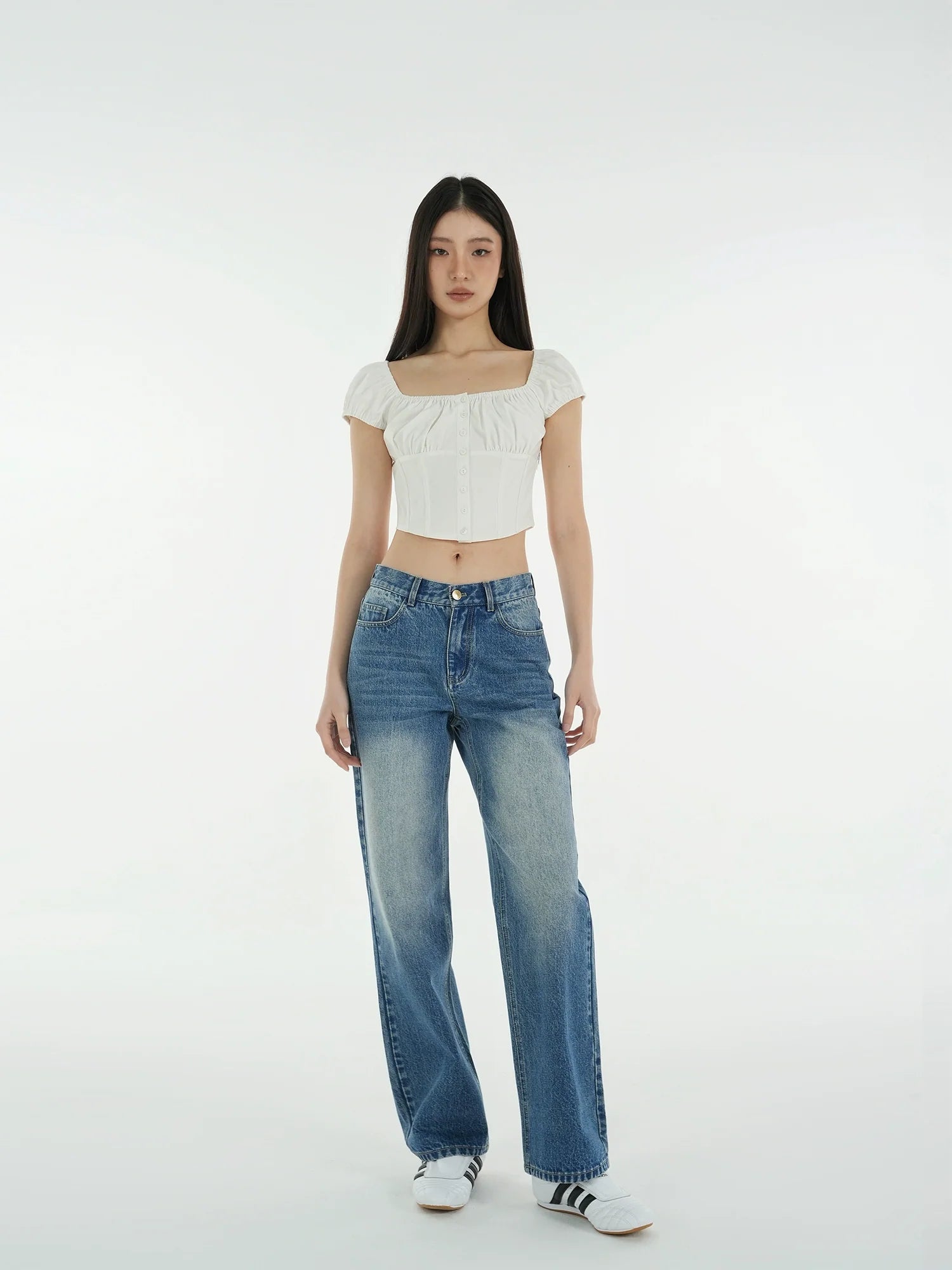 Jim Kennet Vintage Square Neck Button Slim Fit Fishbone High Waist Tee