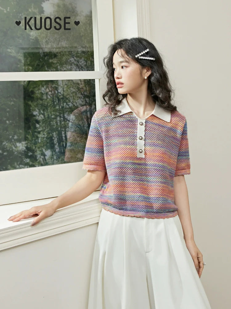 Kuose Rainbow Striped Shirt Knitted Tee