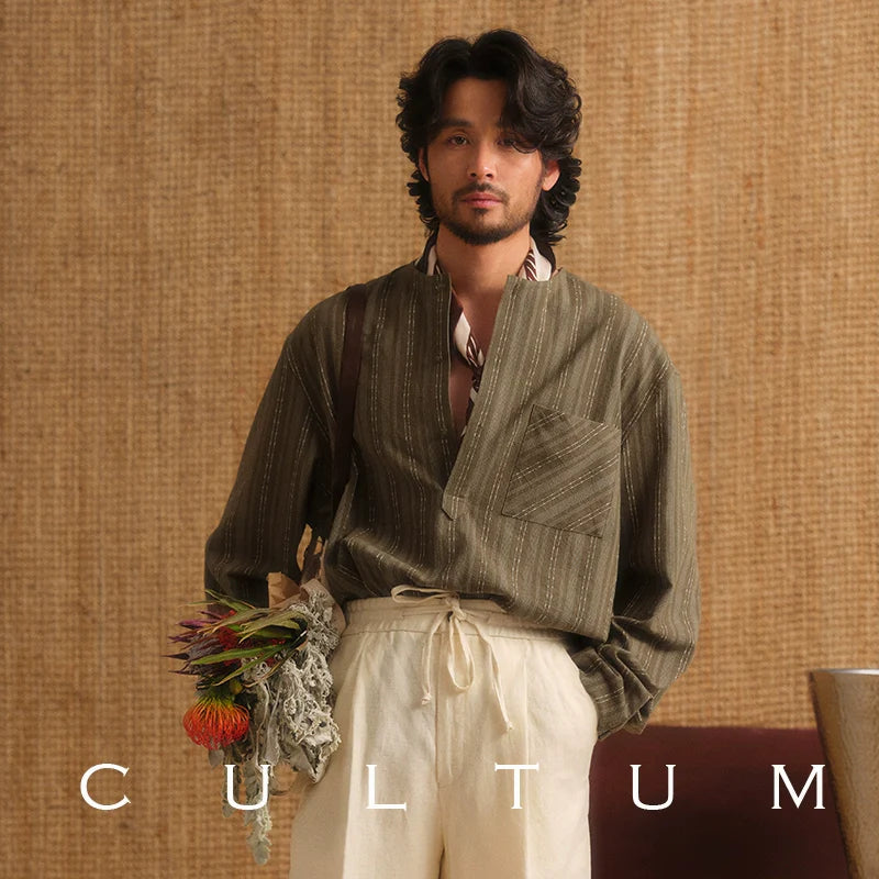 CULTUM Striped Semi-open Collarless Long-sleeved Shirt