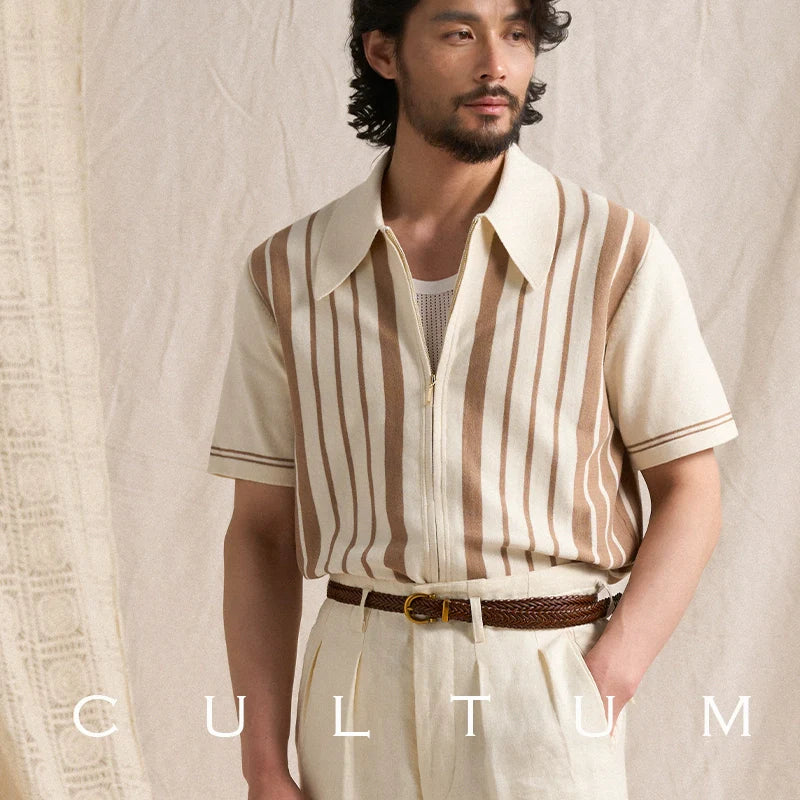 CULTUM Striped Knitted Short Sleeve Cardigan Zip POLO Shirt