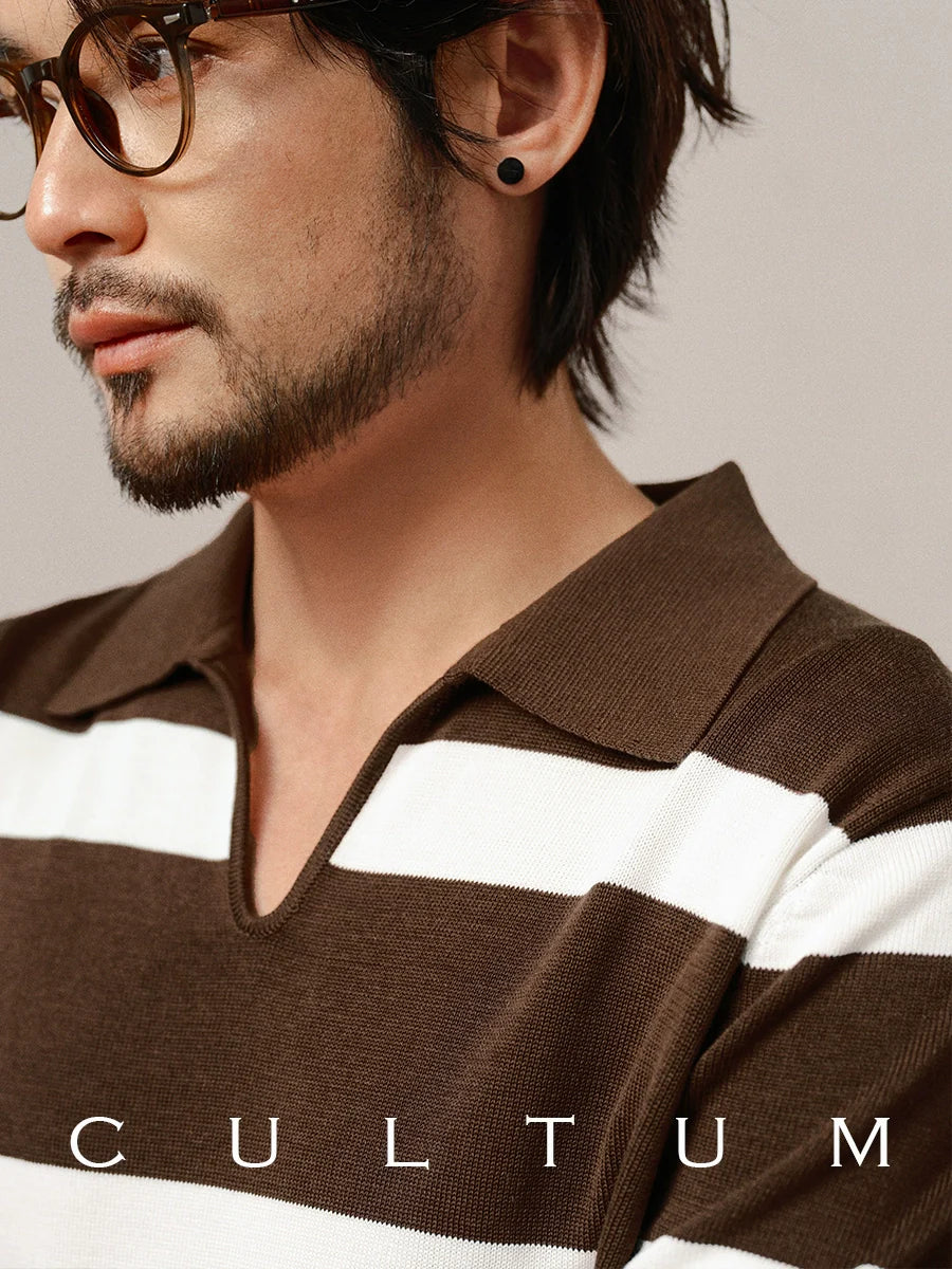 CULTUM Buckle-free Lapel Striped Slim-fit Knitted Short-sleeved Polo Shirt