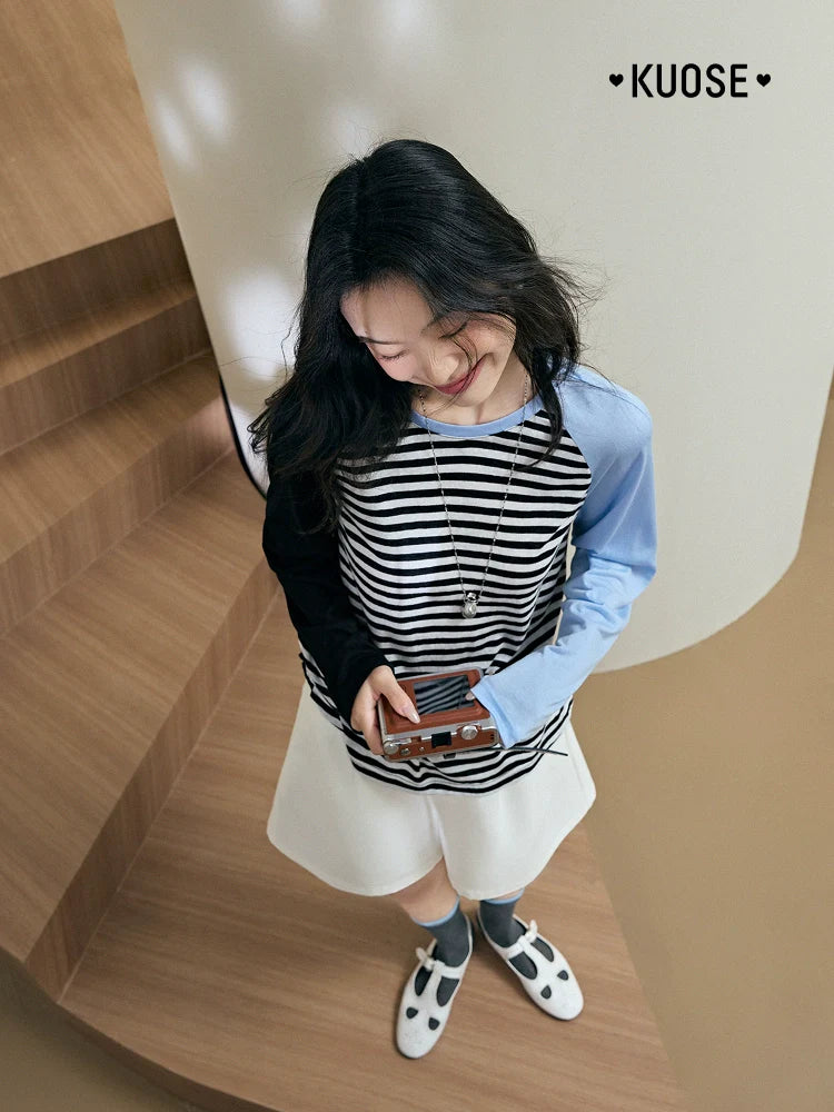 Kuose Striped Shoulder Sleeves Splicing Long Sleeves