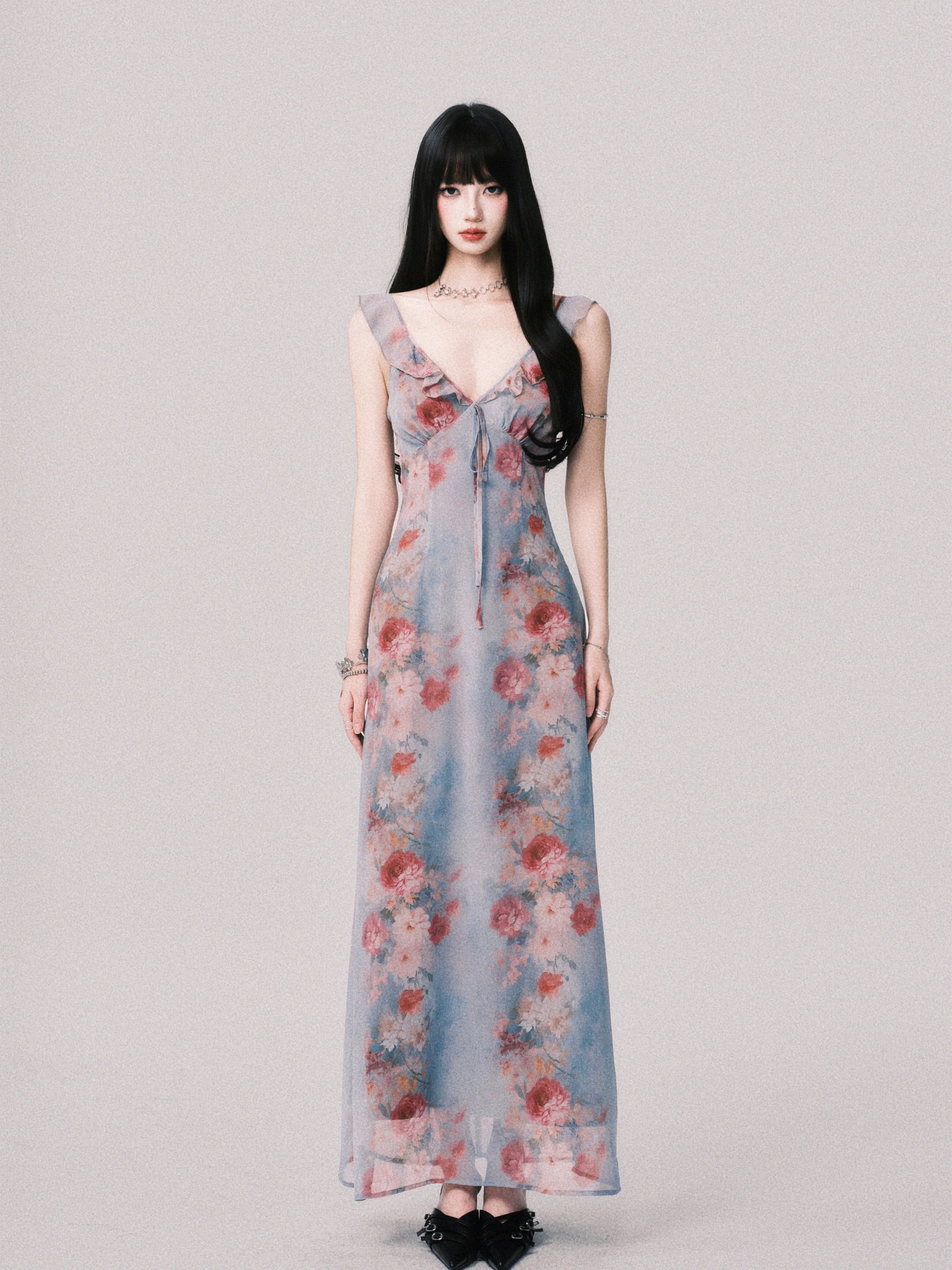 LULUSWINGS Vacation French V-neck Print Suspender Skirt