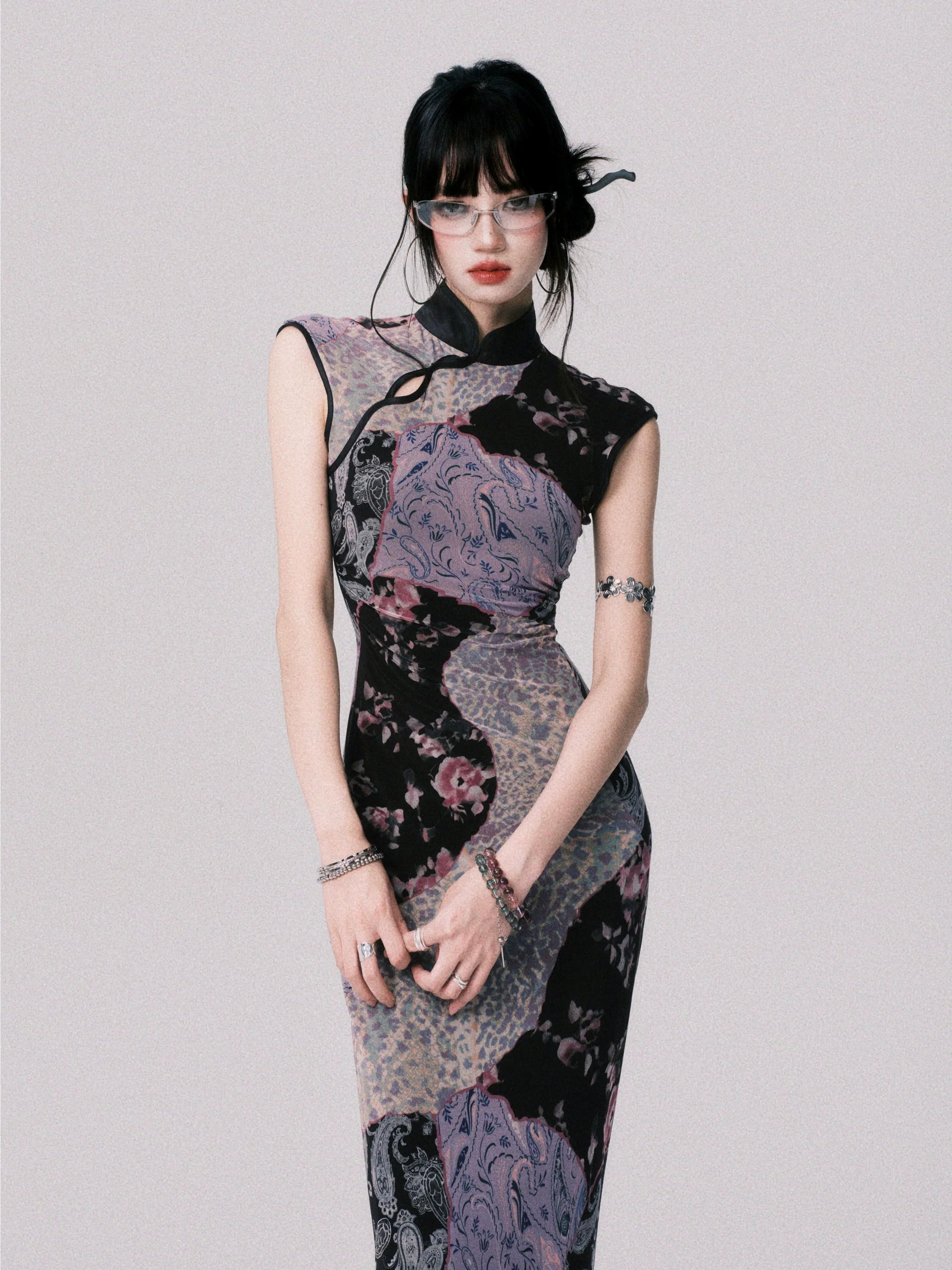 LULUSWINGS Smoked Purple Print Splicing Chinese Cheongsam