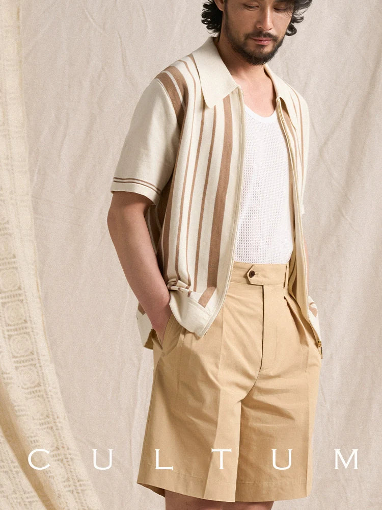 CULTUM Striped Knitted Short Sleeve Cardigan Zip POLO Shirt