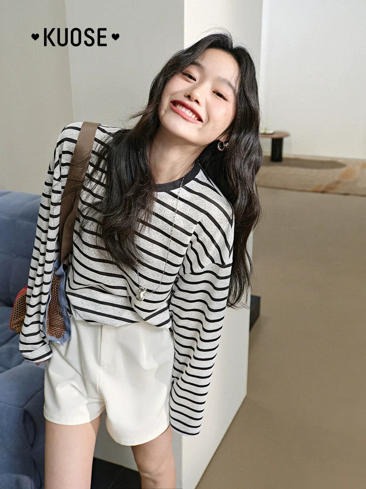 Kuose Long-sleeved Striped Loose Lace Shirt Lazy Blouse