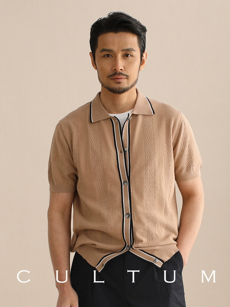 CULTUM Knitted Cutout Lapel Short-sleeved Cardigan