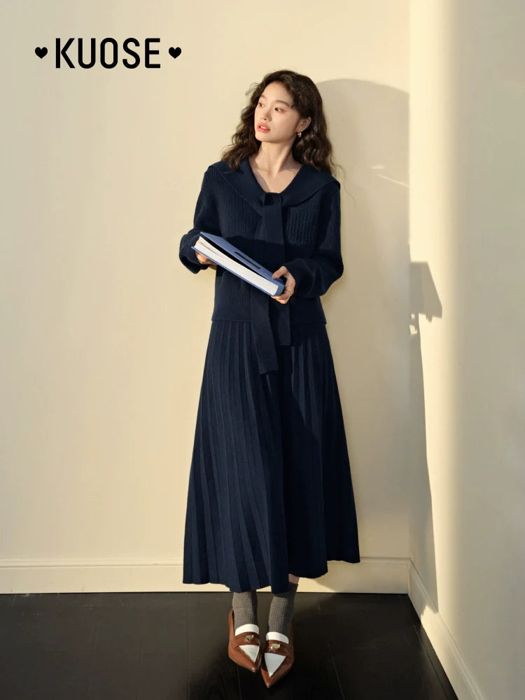 Kuose Navy Collar Top Sweater Knitted Two-piece Set