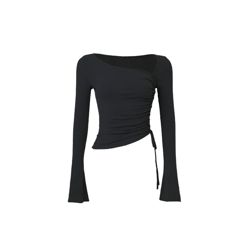 ABMY Slanted Shoulder Irregular Spice Girl Drawstring Versatile Bottoming Shirt