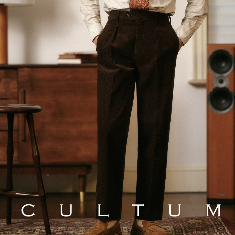 CULTUM Corduroy Vintage Straight High Waist Single Pleated Trousers
