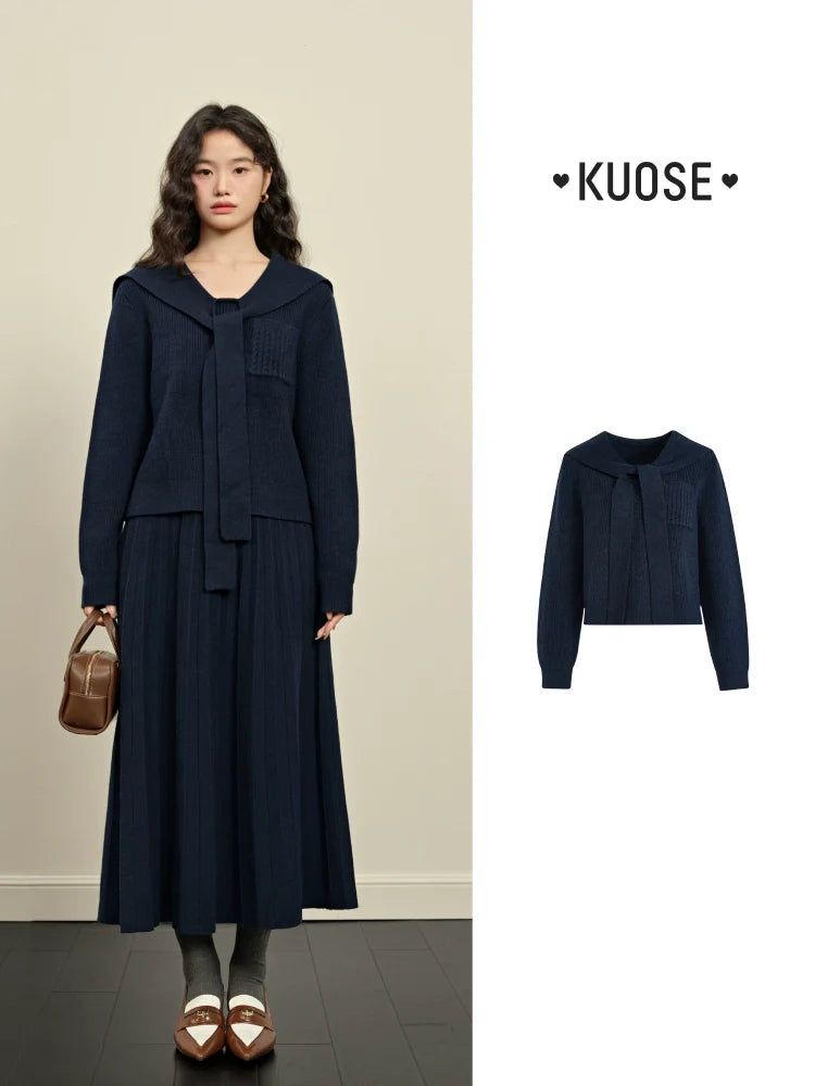 Kuose Navy Collar Top Sweater Knitted Two-piece Set