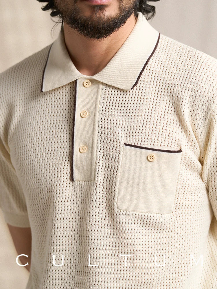 CULTUM Vintage Hollow Knitted Short Sleeve POLO Shirt