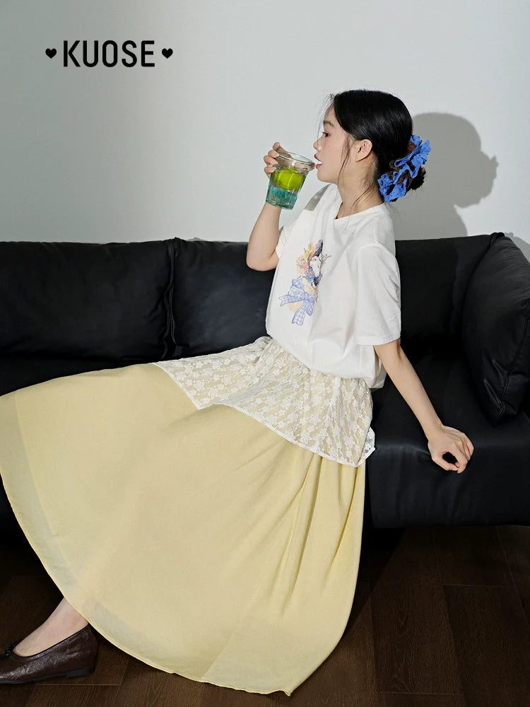 Kuose Skirt French Lace Fart Curtain Long Skirt