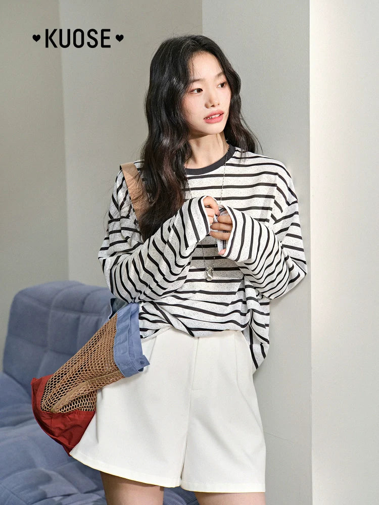 Kuose Long-sleeved Striped Loose Lace Shirt Lazy Blouse