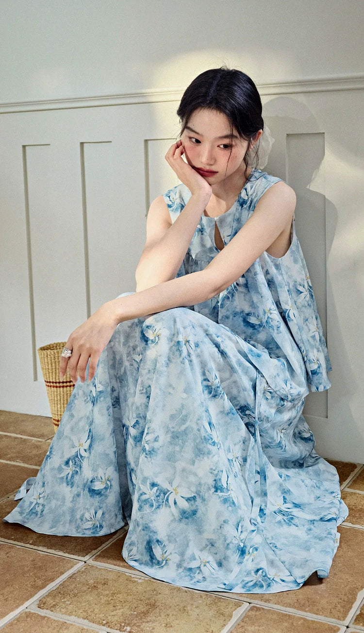 Kuose Floral Sleeveless Vest Top Skirt Two-piece Set