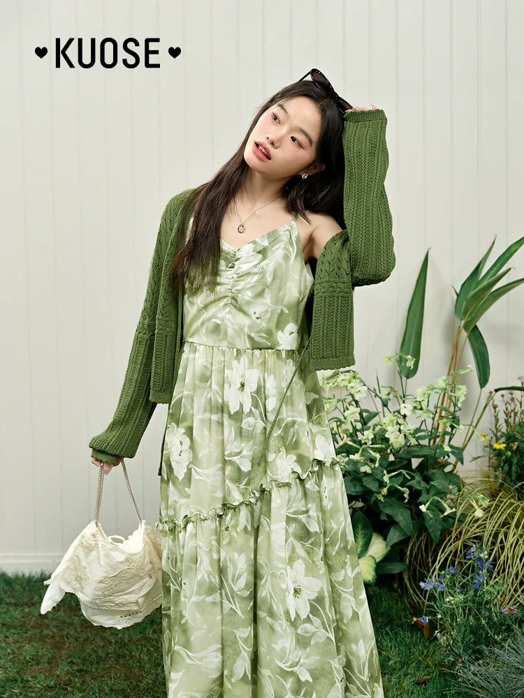 Kuose Floral Sleeveless Suspender Dress Cardigan Two-piece Set