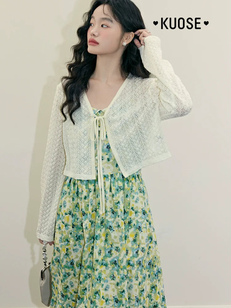 Kuose Floral Suspender Skirt Blue Two-piece Set