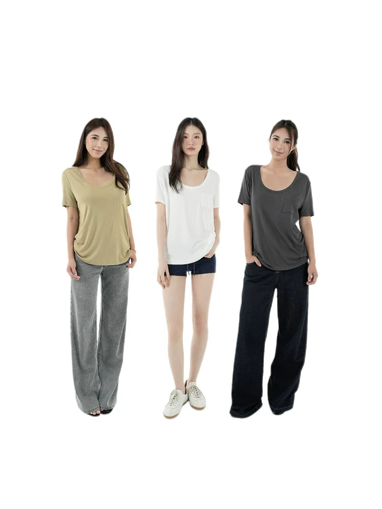Jim Kennet Cool Big Round Neck Low Chest Loose Tee