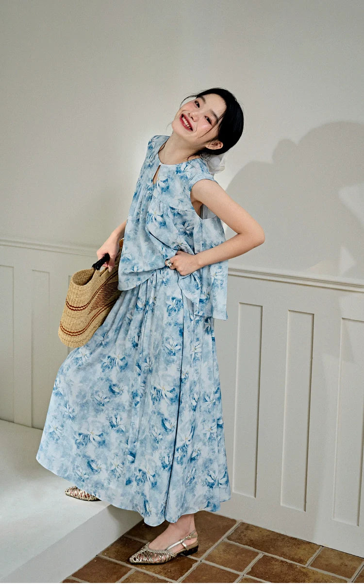 Kuose Floral Sleeveless Vest Top Skirt Two-piece Set