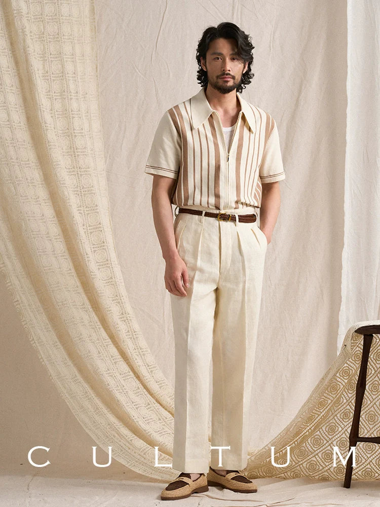 CULTUM Striped Knitted Short Sleeve Cardigan Zip POLO Shirt