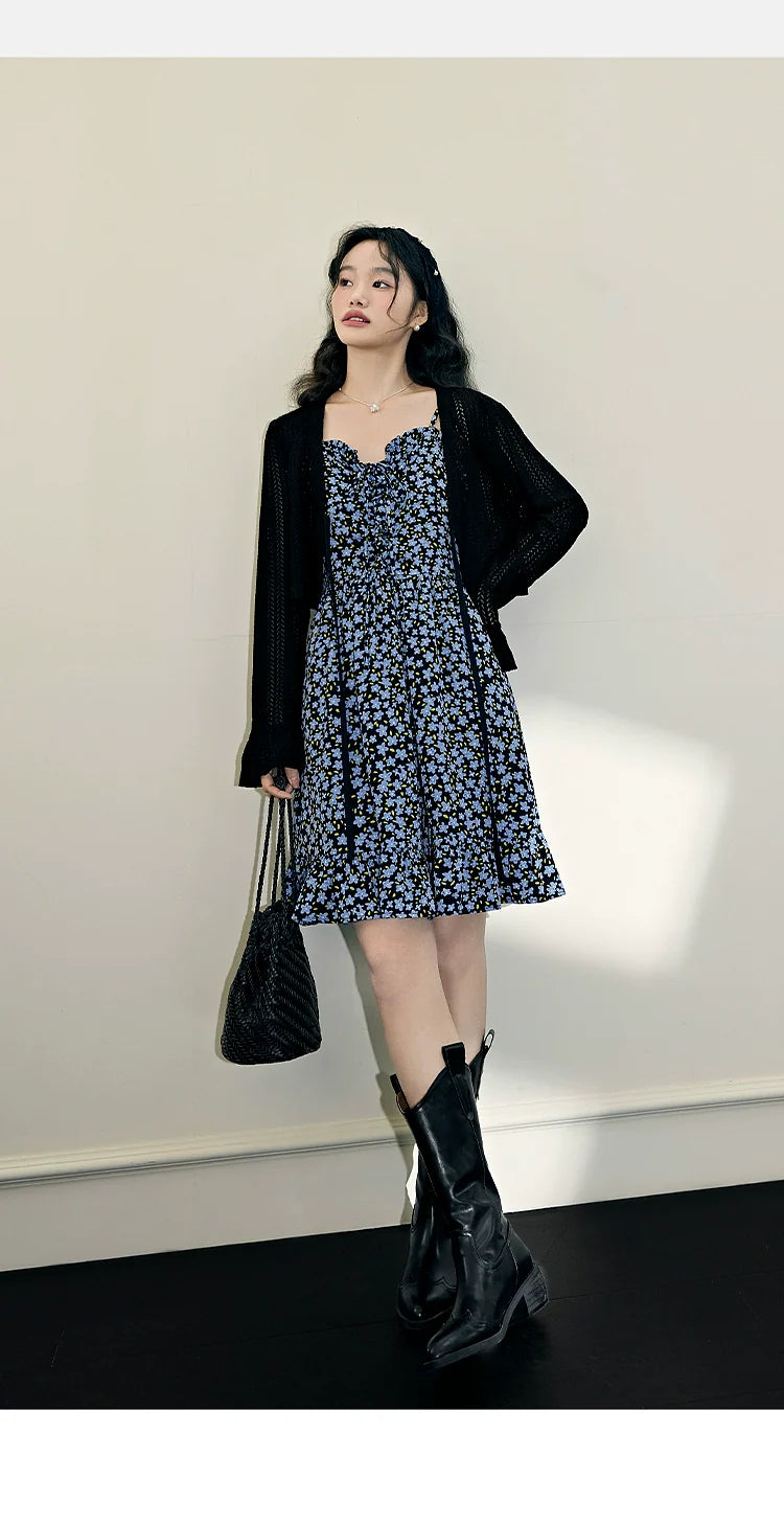 Kuose Floral Suspender Skirt Blue Two-piece Set