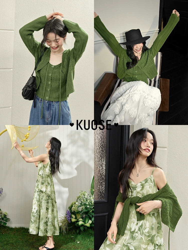 Kuose Floral Sleeveless Suspender Dress Cardigan Two-piece Set