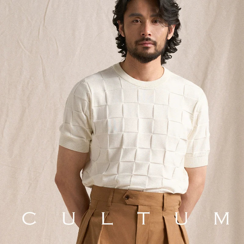 CULTUM Crew Neck Square Checked Short Sleeve Knitted Half Sleeve Tee