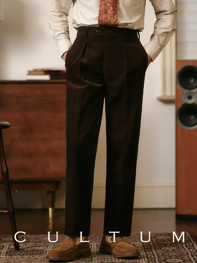 CULTUM Corduroy Vintage Straight High Waist Single Pleated Trousers
