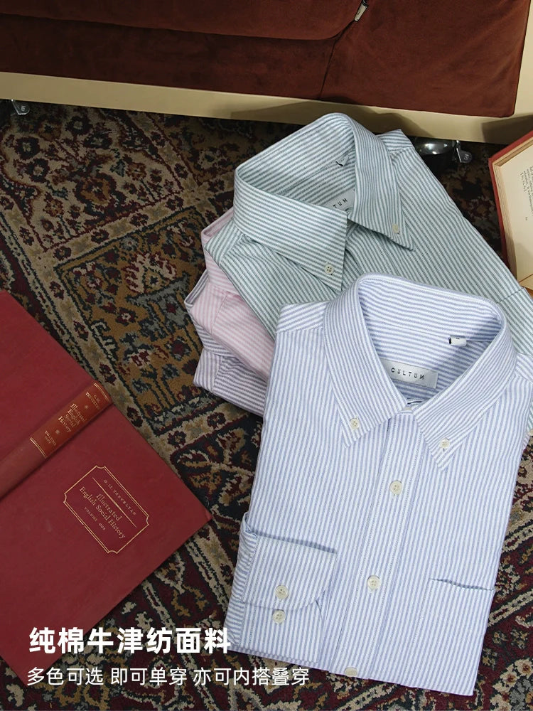 CULTUM Washed Oxford Spun Button-Neck Striped Shirt