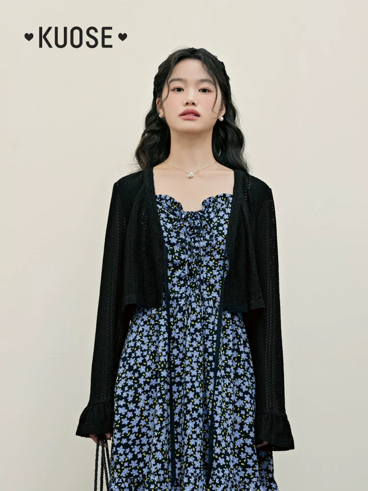 Kuose Floral Suspender Skirt Blue Two-piece Set