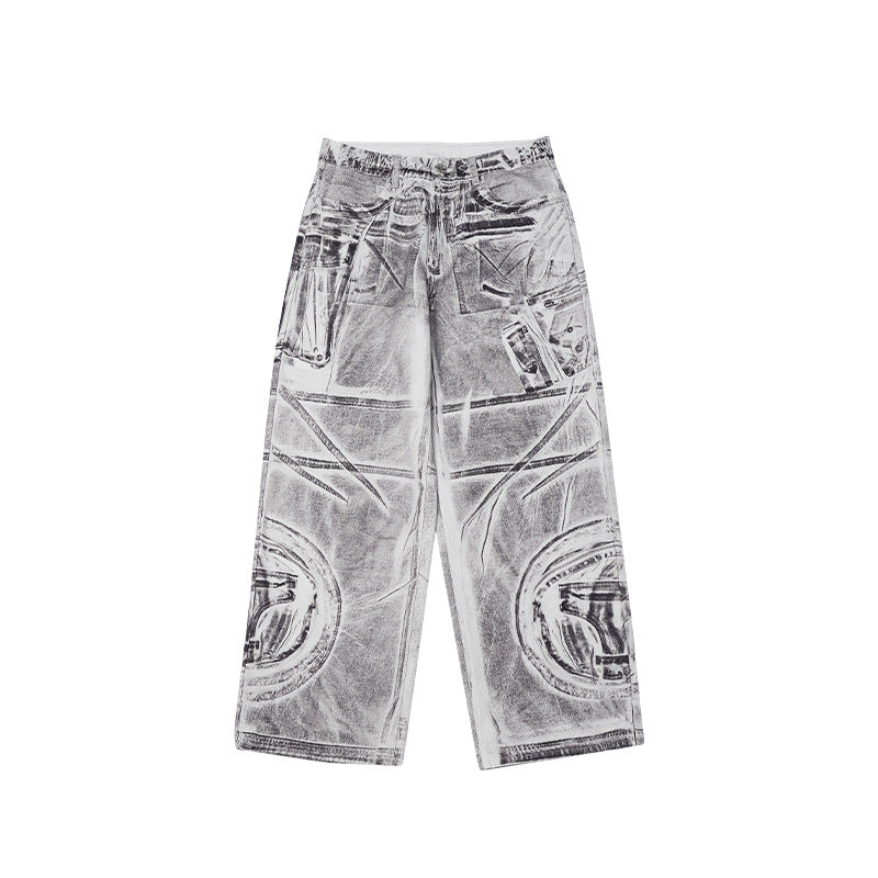 INFLATION Stitching brush color digital print American street loose wide-leg jeans