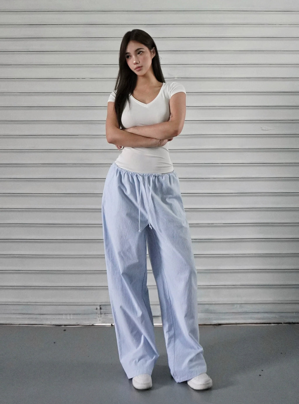 Jim Kennet Blue and White Striped Wide Leg Drawstring Pants