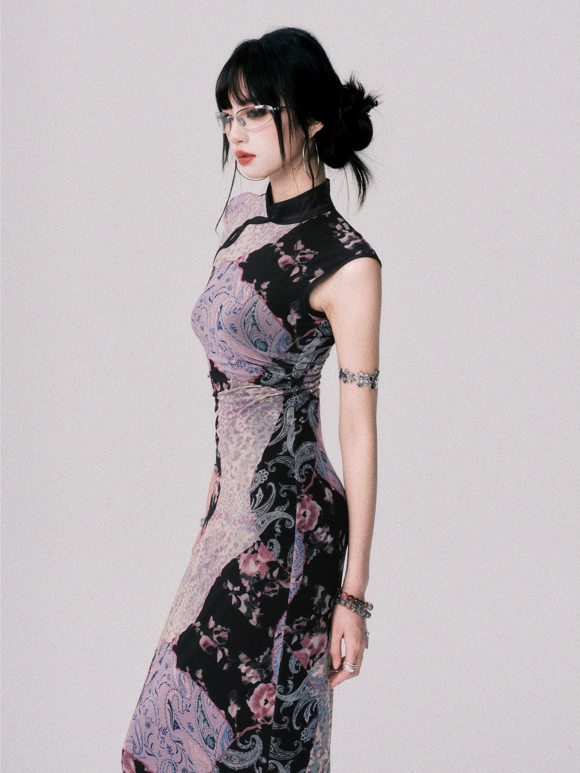 LULUSWINGS Smoked Purple Print Splicing Chinese Cheongsam