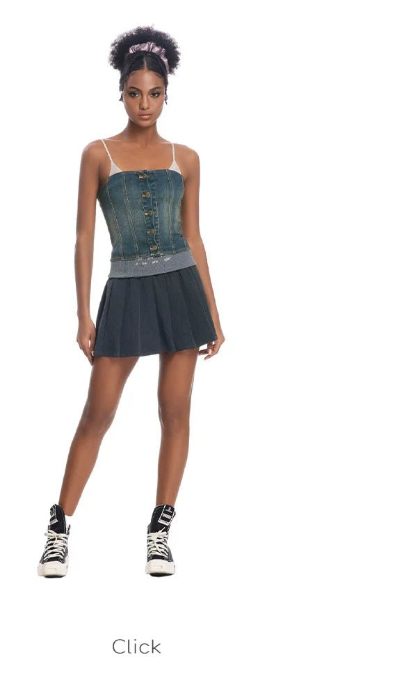 ABMY Turned Waist Knitted Splicing Pleated Skirt