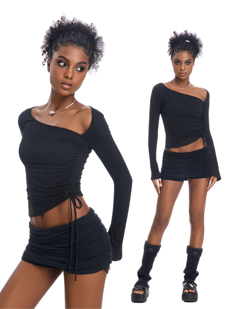 ABMY Slanted Shoulder Irregular Spice Girl Drawstring Versatile Bottoming Shirt