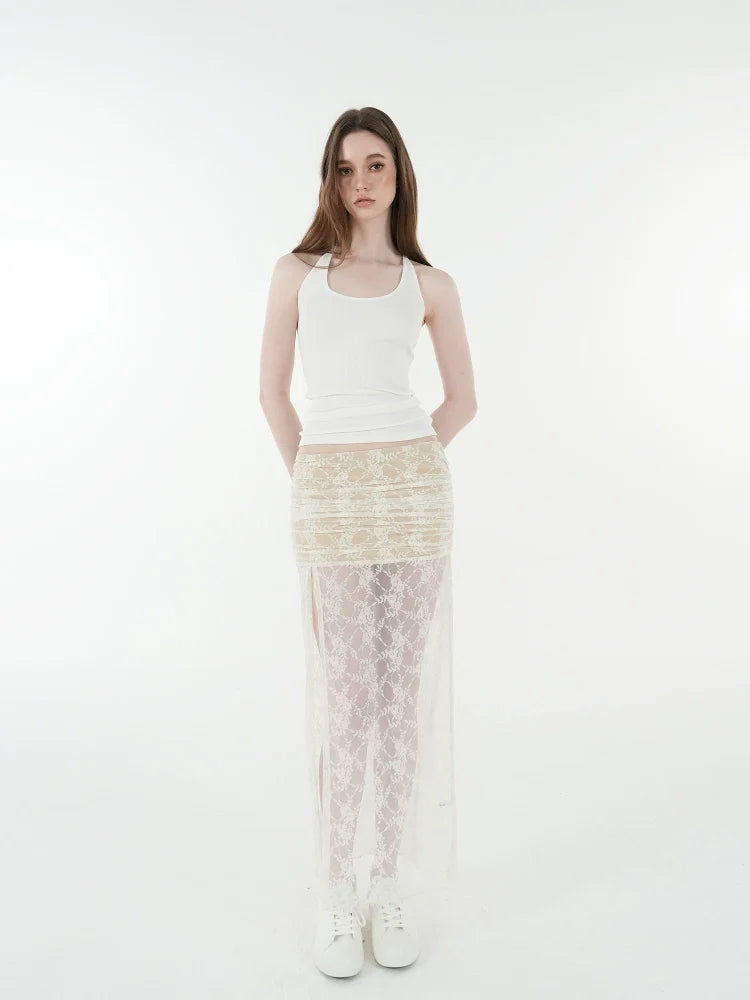 Jim Kennet Lace Jacquard Strap Cardigan High Slit Skirt Set