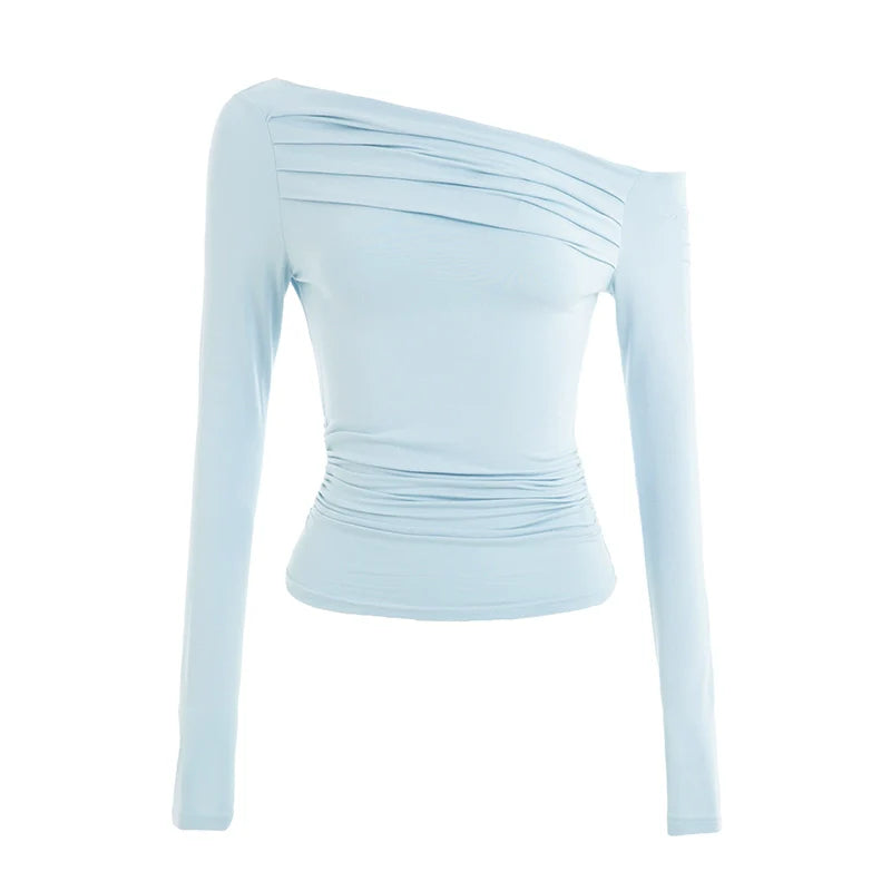 ABMY Pleated Slim Skinny Slash Shoulder Tee