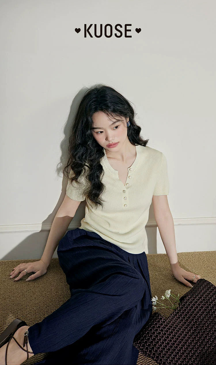 Kuose Temperament Slim V-neck Knitted Sweater Tee