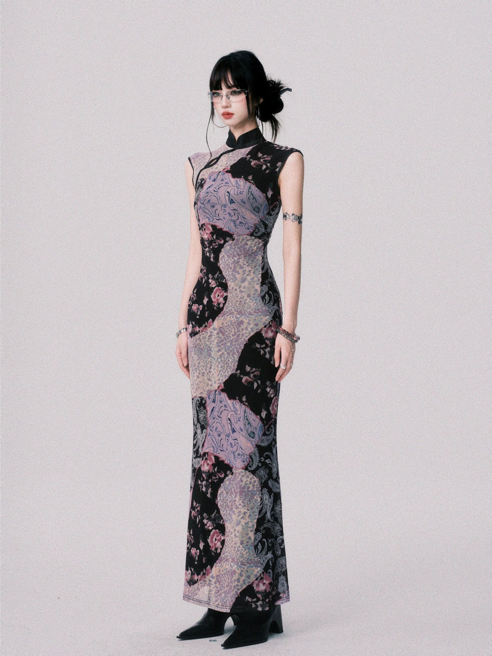 LULUSWINGS Smoked Purple Print Splicing Chinese Cheongsam