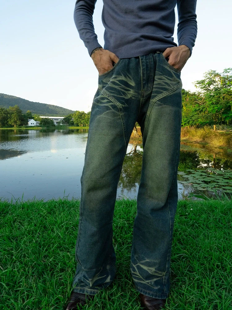 PUBLICRADIO Retro Washed Old Denim Flared Pants