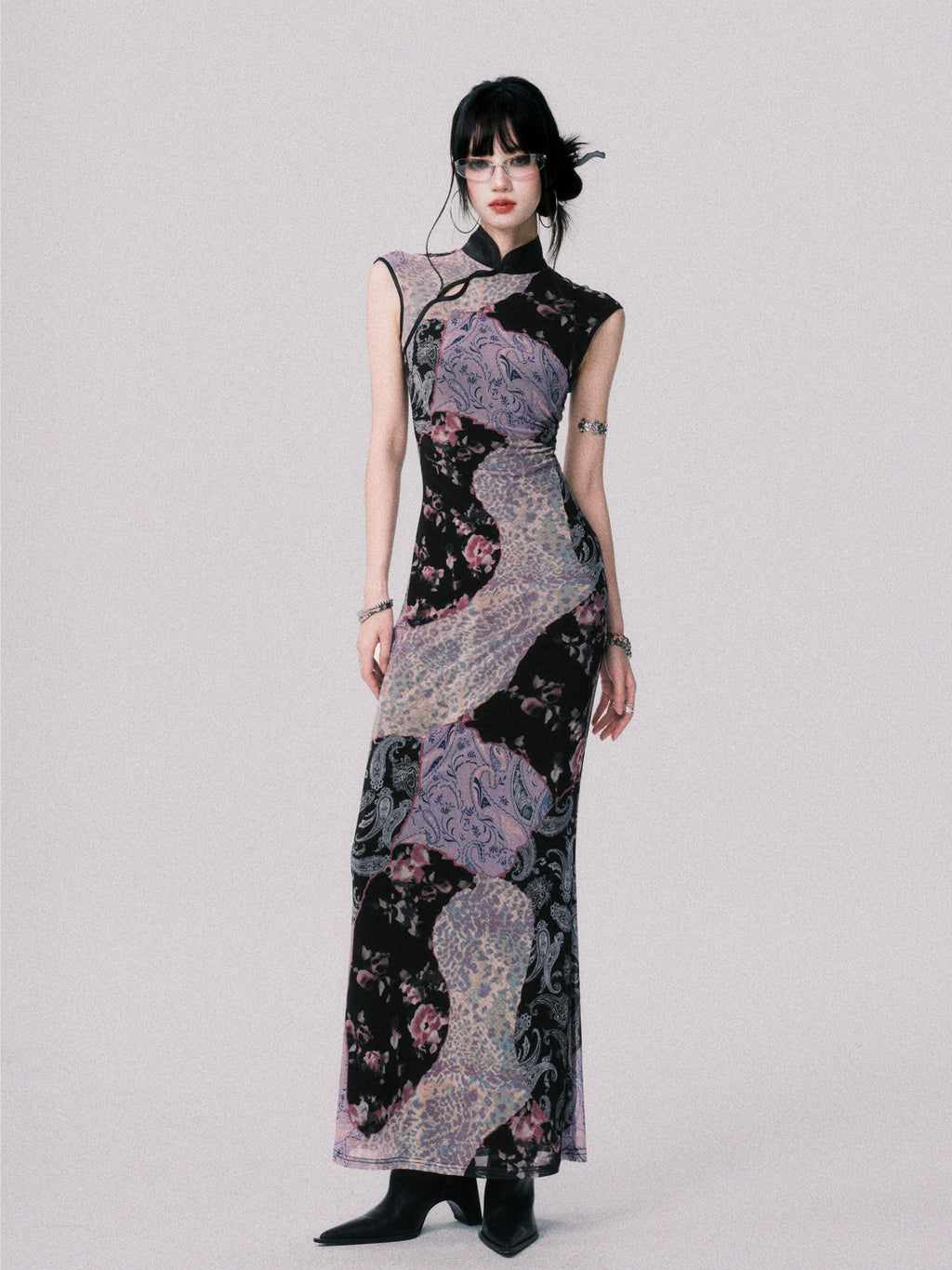 LULUSWINGS Smoked Purple Print Splicing Chinese Cheongsam