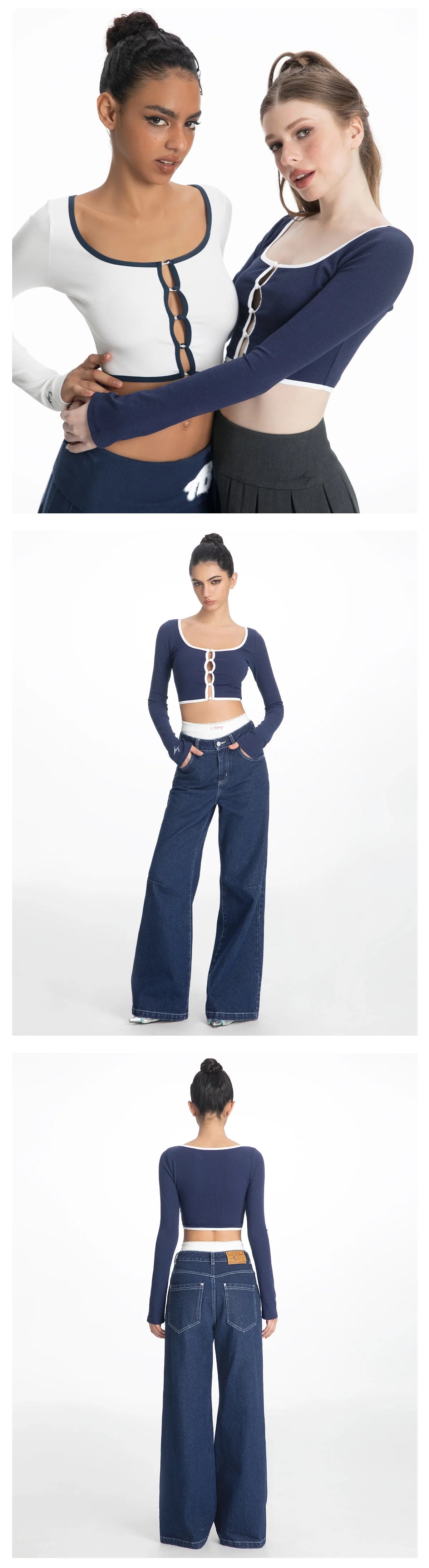 ABMY Square-neck Breasted Contrasting Hemming Cardigan