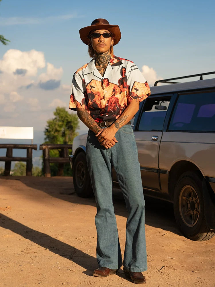 PUBLICRADIO Vintage Maniac Western Print Cuban Collar Silk Cotton Shirt
