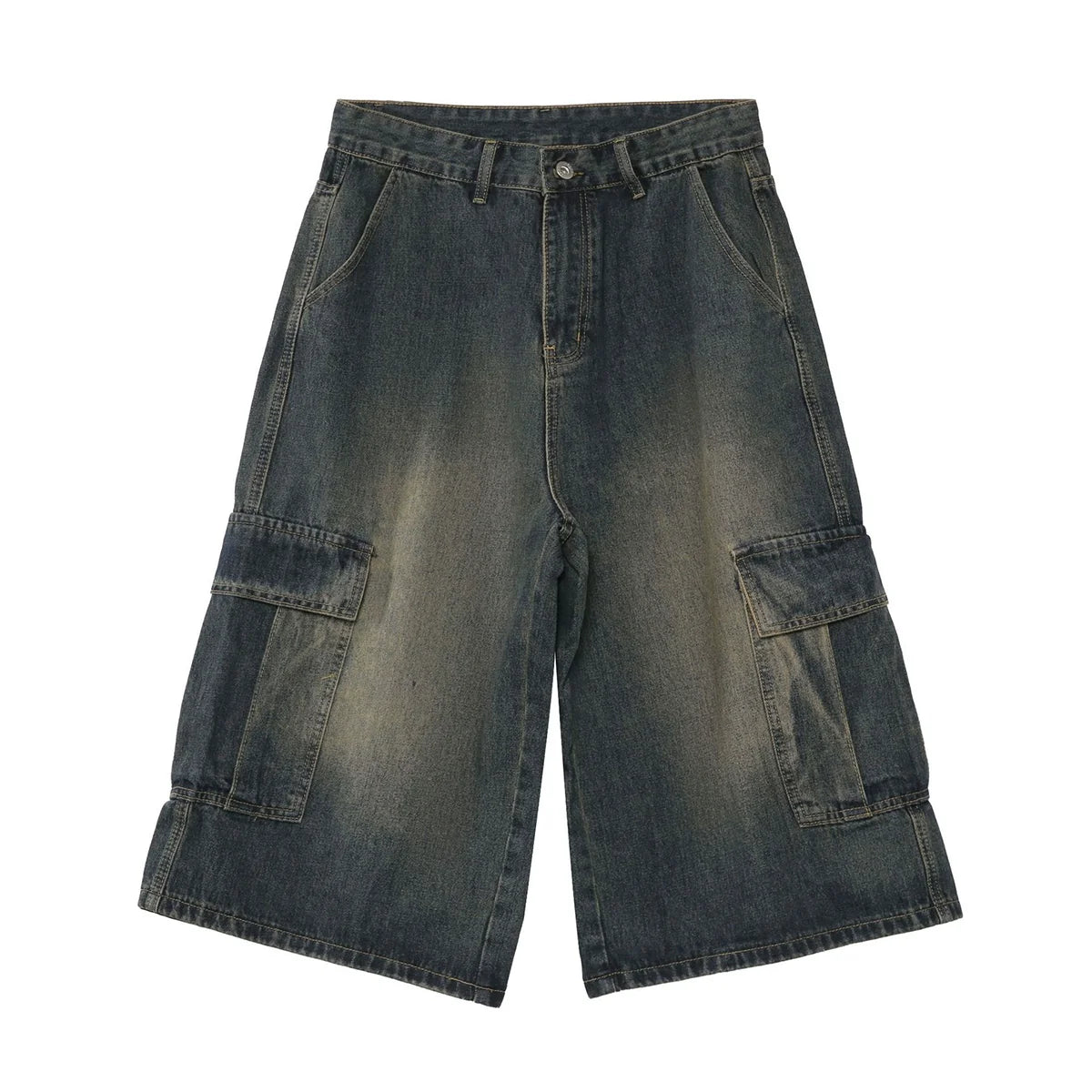 PUBLICRADIO Japanese Retro Primary Color Washed Denim Cropped Pants
