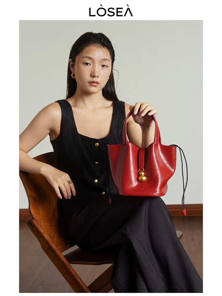LOSEA Genuine Leather Vegetable Basket Cowhide Gourd Shoulder Bag
