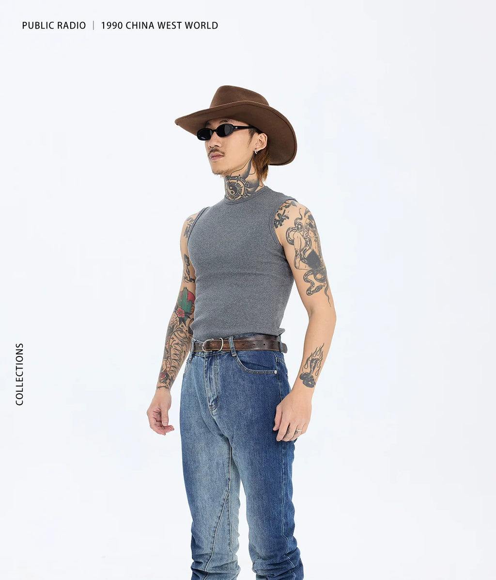 PUBLICRADIO Splicing Washed Heavy Denim Micro-flared Pants