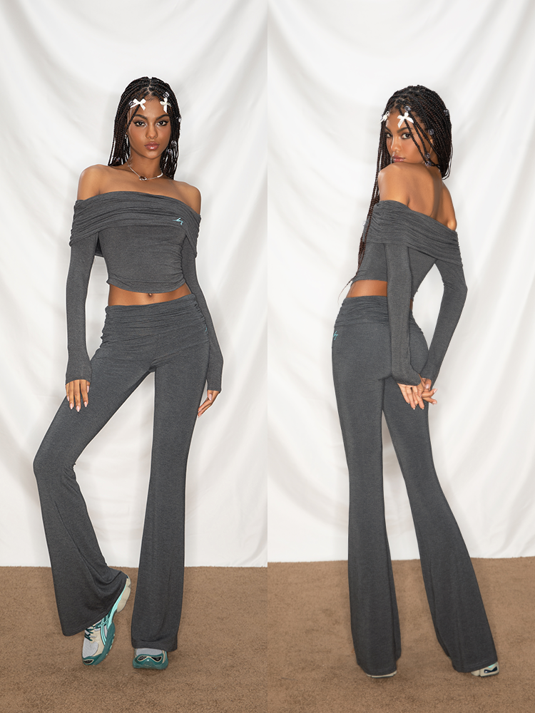 ABMY Skinny Elastic Low Waist Pleated Waist Flared Pants