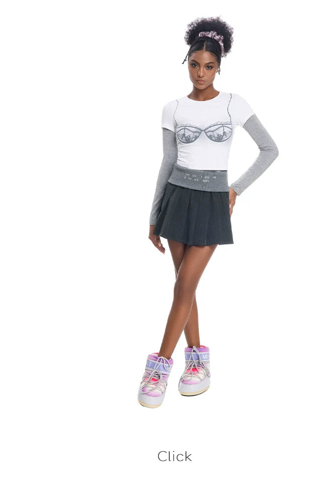 ABMY Turned Waist Knitted Splicing Pleated Skirt