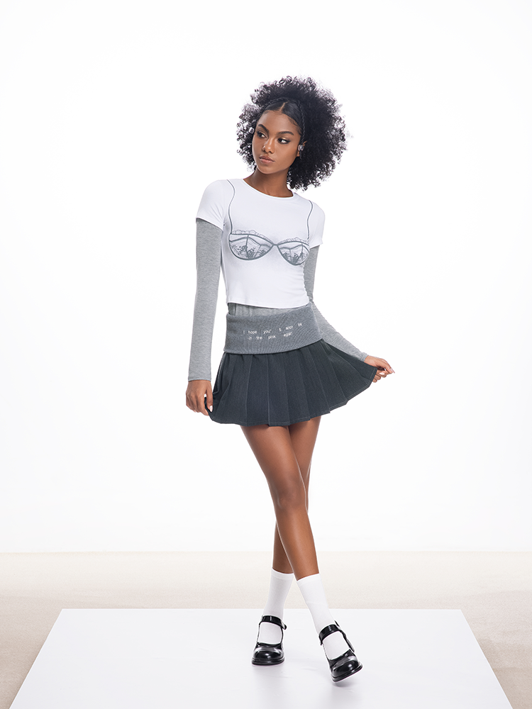 ABMY Turned Waist Knitted Splicing Pleated Skirt