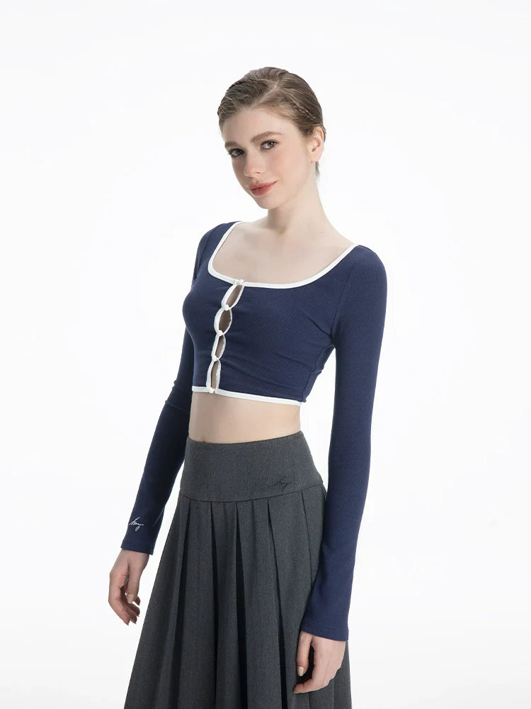 ABMY Square-neck Breasted Contrasting Hemming Cardigan